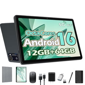 Android 16 Tablet 10.1 inch Tablet, Newest Octa-Core 12GB RAM 64 ROM with Keyboard, Dual Camera, 5G WiFi, Bluetooth, GPS, IPS Full HD Display, Gray
