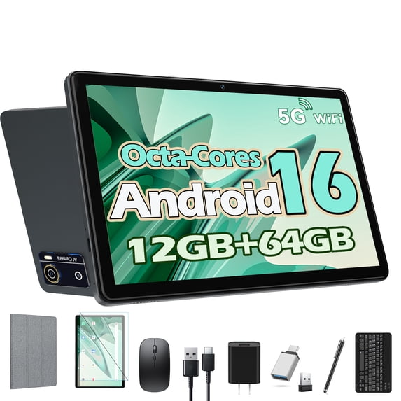 Android 16 Tablet 10.1 inch Tablet, Newest Octa-Core 12GB RAM 64 ROM with Keyboard, Dual Camera, 5G WiFi, Bluetooth, GPS, IPS Full HD Display, Gray