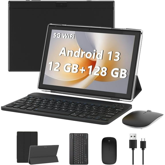 2024 Newest Android 13 Tablet with Keyboard 10 Inch 2 in 1 Tablets, 12GB RAM 128GB ROM 1TB Expand, Quad-Core 2.0GHz CPU Tablet PC, 5G WiFi 6 BT 5.0, 8MP Camera, Google Certified Tableta