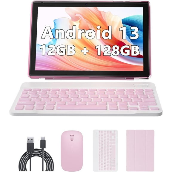 2025 Newest Android 13 Tablet with Keyboard 10 Inch 2 in 1 Tablets, 12GB RAM 128GB ROM 1TB Expand, Quad-Core 2.0GHz CPU Tablet PC, 5G WiFi 6 BT 5.0, 8MP Camera, Google Certified Tableta