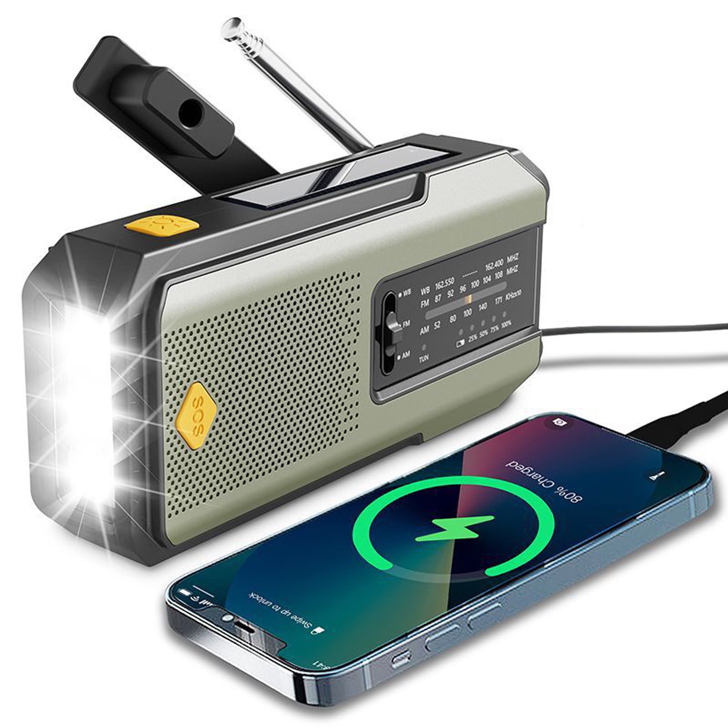 Newest Prociv Solar Emergency Wind Up Radio, Portable Hand Crank AM/FM Radio with SOS Alarm LED Torch, 2000mAh Rechargeable Power Bank USB Phone Charger Flashlight for Camping (Green)
