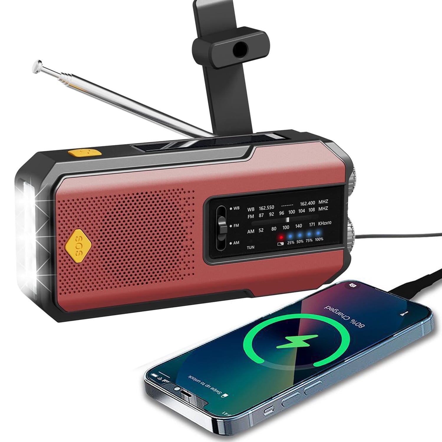 Newest Prociv Solar Emergency Wind Up Radio, Portable Hand Crank AM/FM Radio with SOS Alarm LED Torch, 2000mAh Rechargeable Power Bank USB Phone Charger Flashlight for Camping (Red)