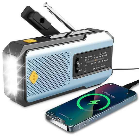 Newest Prociv Solar Emergency Wind Up Radio, Portable Hand Crank AM/FM Radio with SOS Alarm LED Torch, 2000mAh Rechargeable Power Bank USB Phone Charger Flashlight for Camping (Blue)