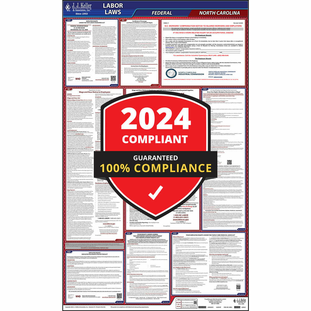 2024 North Carolina Labor Law Poster, All-in-One OSHA Compliant NC State & Federal Laminated Poster (24" x 40" English)
