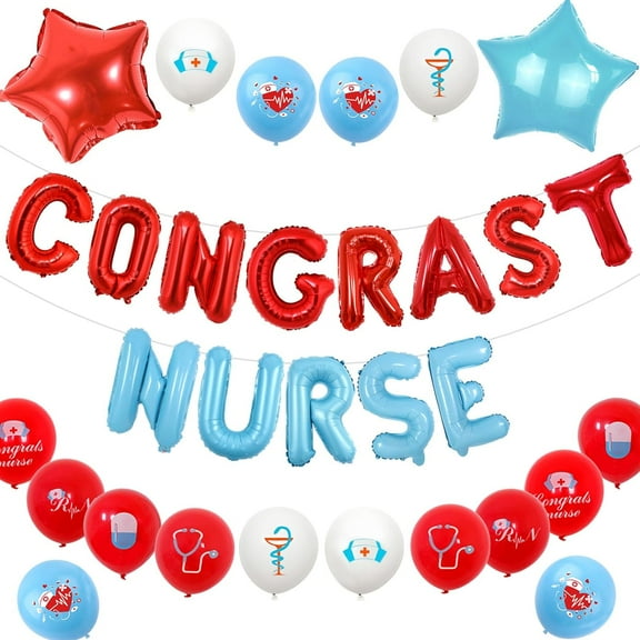 2024 Nurse Graduation Decorations, Red and Blue Congrats Nurse Star Foil Balloons for BSN RN Theme Party, Nursing Medical School Party Supplies