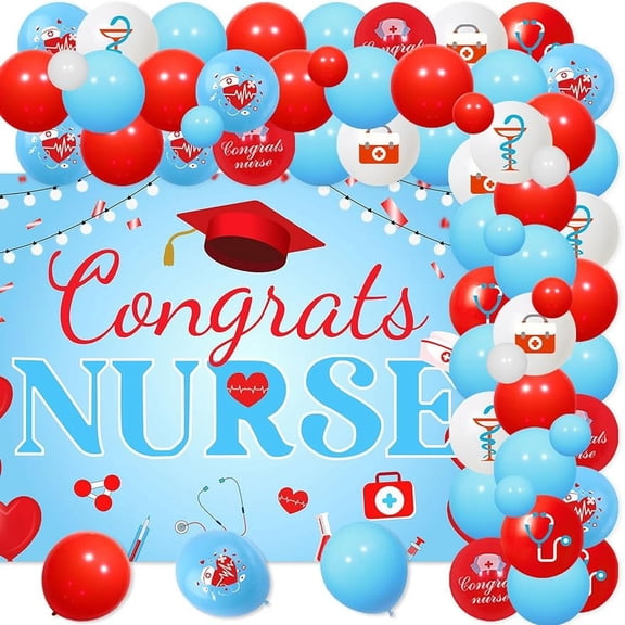2024 Nurse Graduation Party Decorations, Red Blue Nurses Day Party Decor for Women - Congrats Nurse Backdrop Red Blue Balloon Garland Arch Kit for Class of 2024 Nurses Day RN Graduation Party Supplies