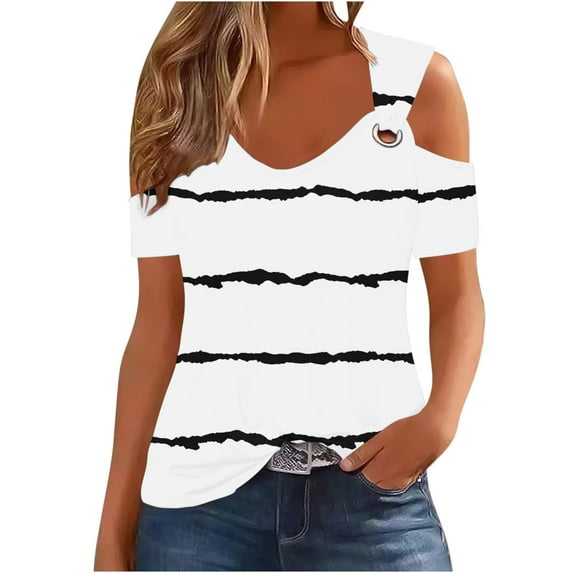 2024 Off Shoulder Tank Tops for Women Trendy O Ring Shoulder Blouses Cute Striped Pattern Beach T-shirt