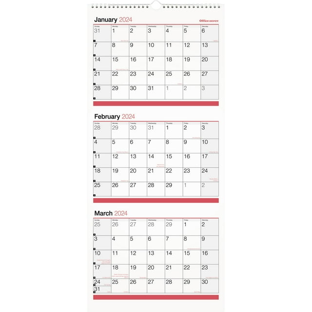 2024 Office Depot® Brand 3Month Monthly Wall Calendar, 12" x 27