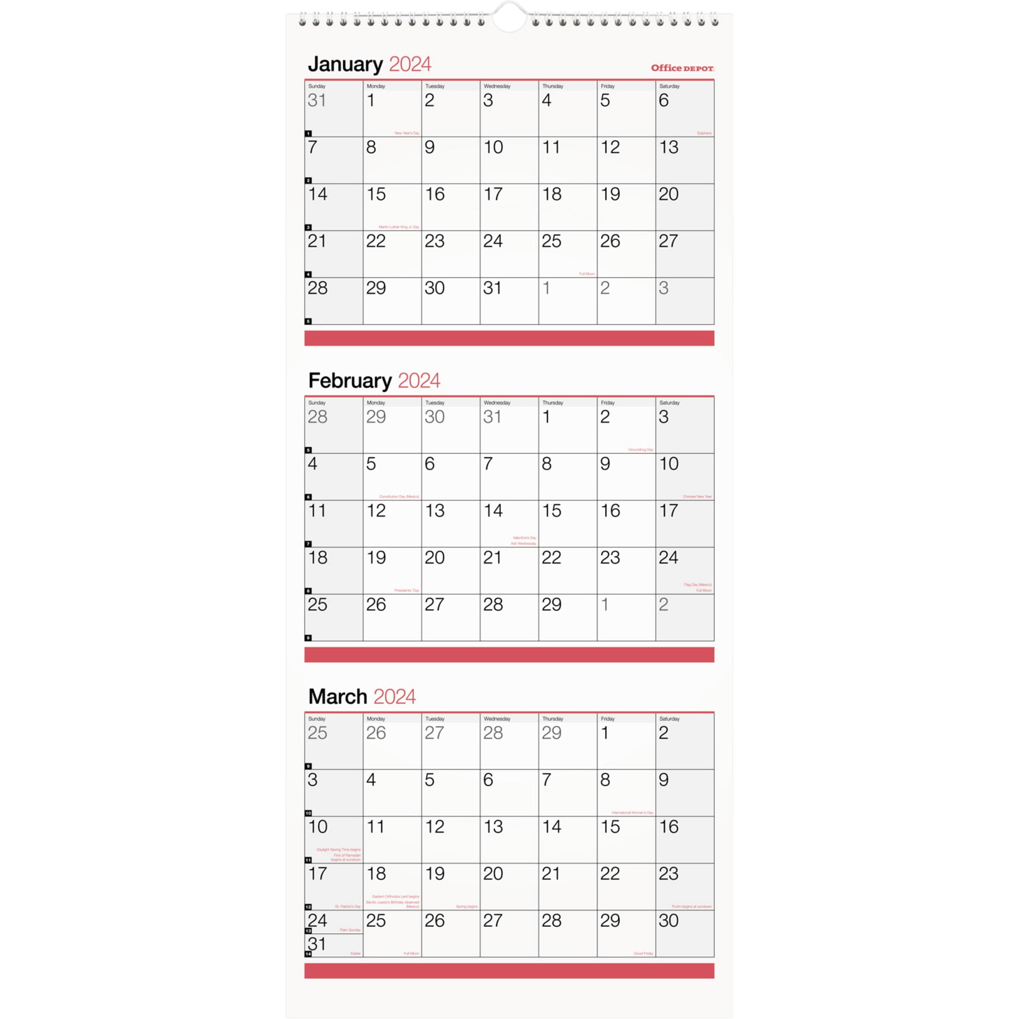 2025 Office Depot® Brand 3Month Monthly Wall Calendar, 12" x 27