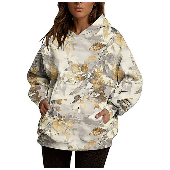 2024 Oversized Hoodies for Women Floral Printed Casual Outdoor Hooded Sweatshirts Fall Winter Attire with Pocket