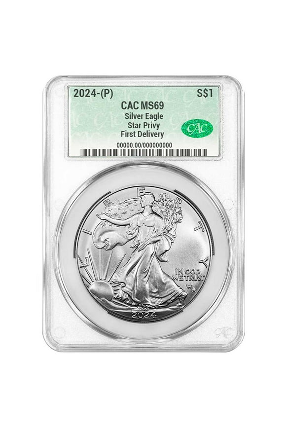 2024 (P) $1 American Silver Eagle Star Privy CACG MS69 First Delivery