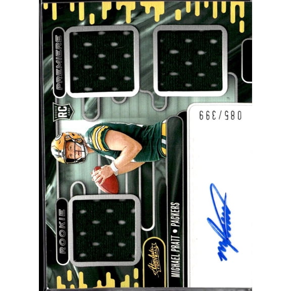 2024 Panini Absolute Football Michael Pratt #RPM-MPT Triple Patch RC Memorabilia Green Bay Packers NFL Autographed Football Trading Card