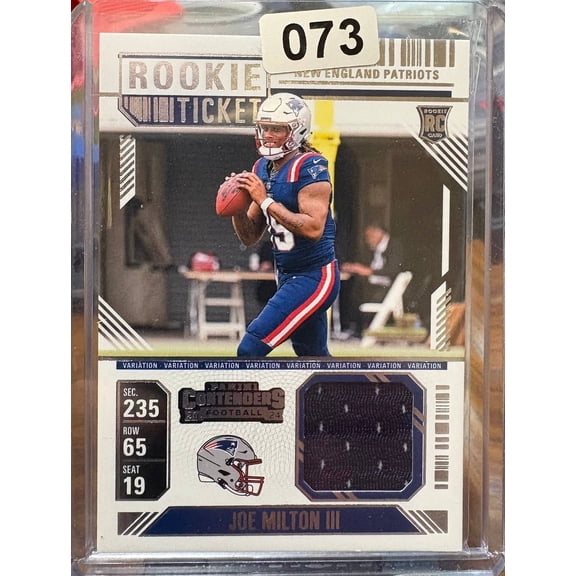 2024 Panini Contenders Rookie Ticket Joe Milton III RTS-JMN Variation Jersey Patch RC New England Patriots NFL Football Trading Card