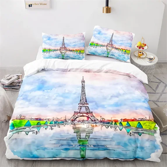 2024 Paris Eiffel Tower Duvet Cover Set Romantic Theme Bedding Set Paris Cityscape Comforter Cover for Kids Teens Women Bedroom r