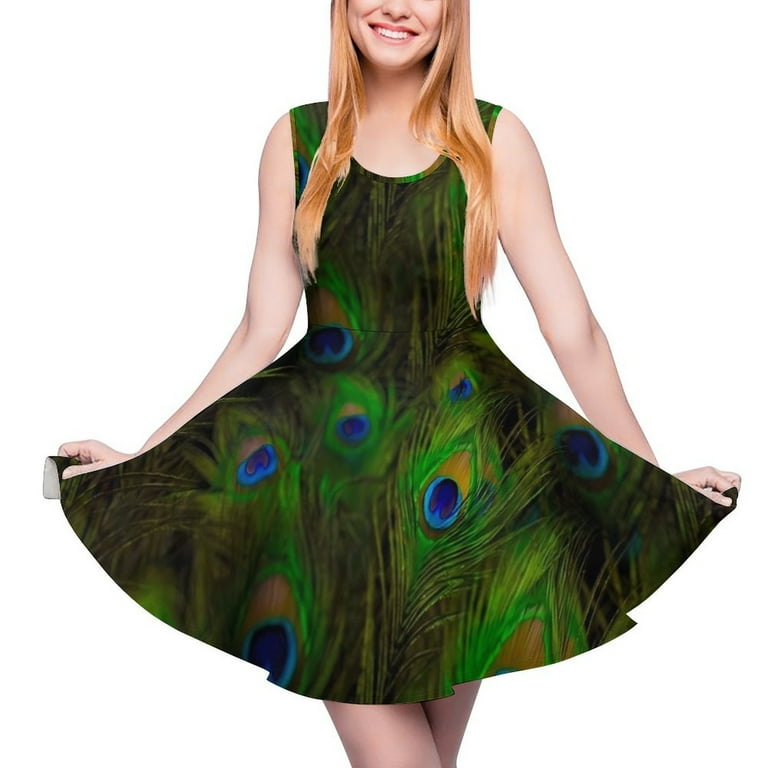 2024 Peacock Feather Dress Plummage Print Night Club Dresses High Waist Casual Skate Dress Woman Custom Clothes Gift Walmart