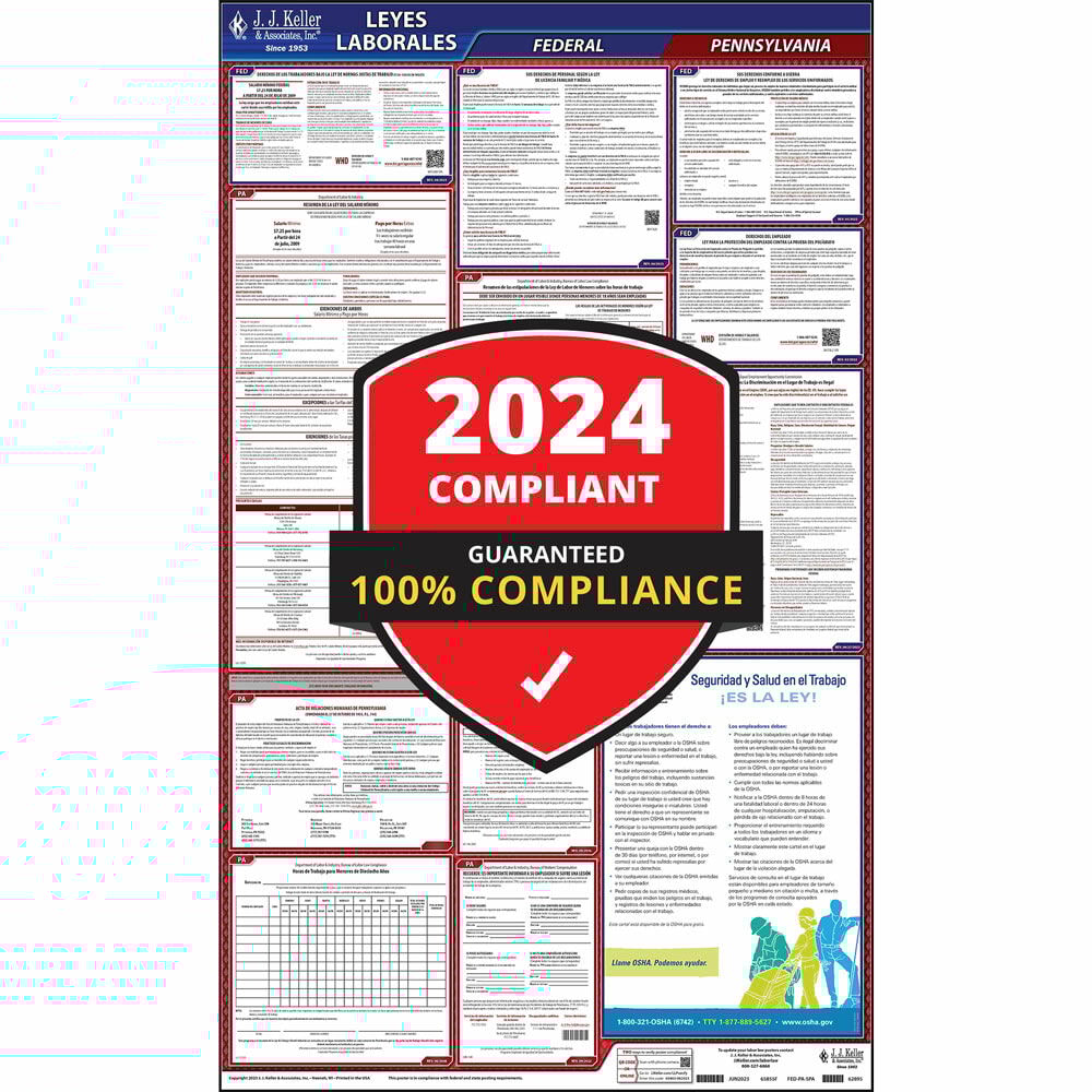 2024 Pennsylvania Labor Law Poster, AllinOne OSHA Compliant PA State & Federal Laminated