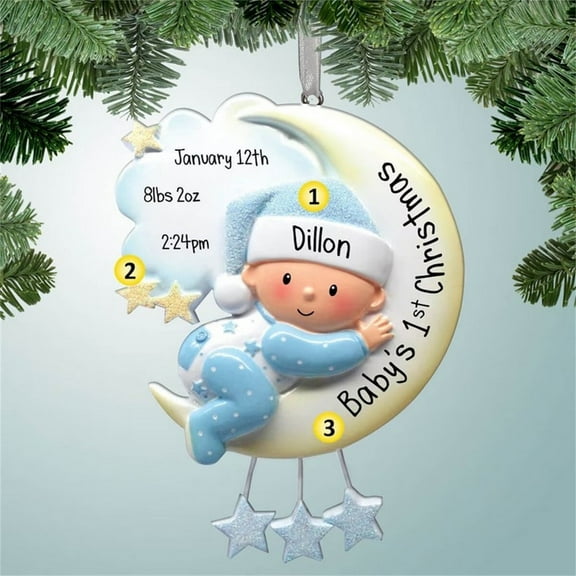 Personalized Ornament Baby's First Christmas Baby Boy on Moon Christmas Tree Ornament Artisanal Customized Decoration Baby Ornaments-Free Personalization
