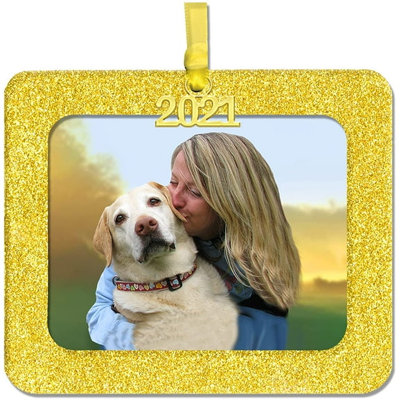 2024 Picture Frame Ornament, Magnetic Glitter with Photo Protector, Horizontal, Gold