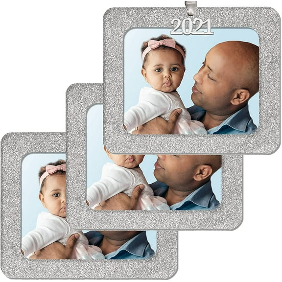 2024 Picture Frame Ornament, Magnetic Glitter with Photo Protector, Horizontal, Silver 3-Pack