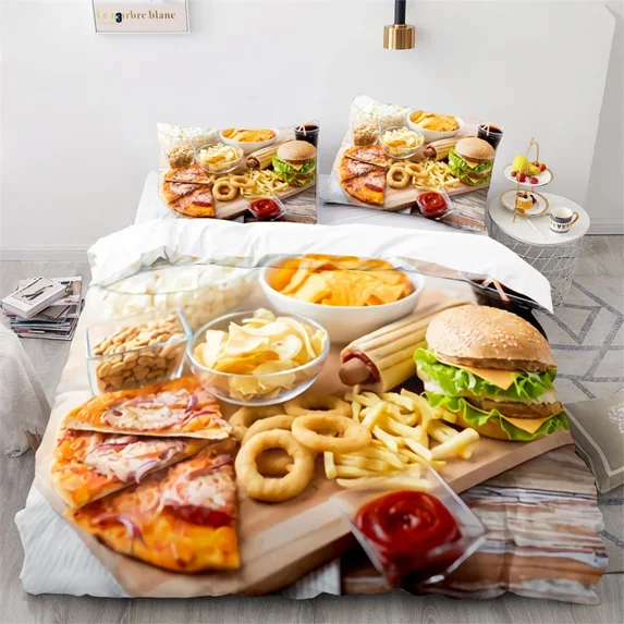 2024 Pizza Duvet Cover Burger Bedding Set Hot Dog French Fries Comforter Cover Microfiber Dessert Western Food Quilt Cover King Size