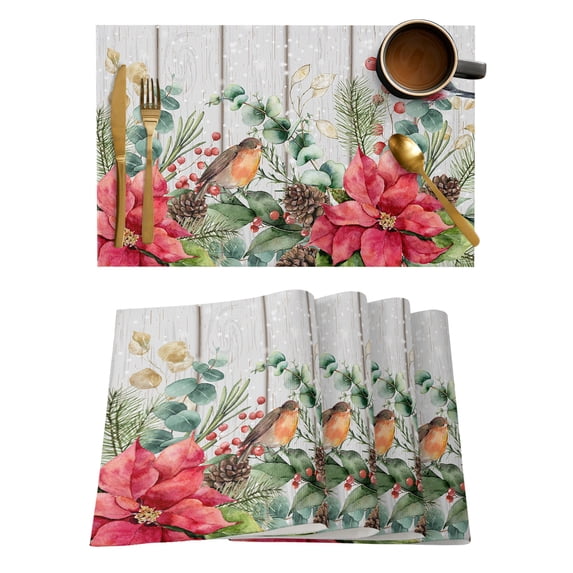 2024 Placemat Christmas Berries Tree Robin Poinsettia 4/6pcs Pads Kitchen Accessories Dining Table Mat Coaster Festival Tableware