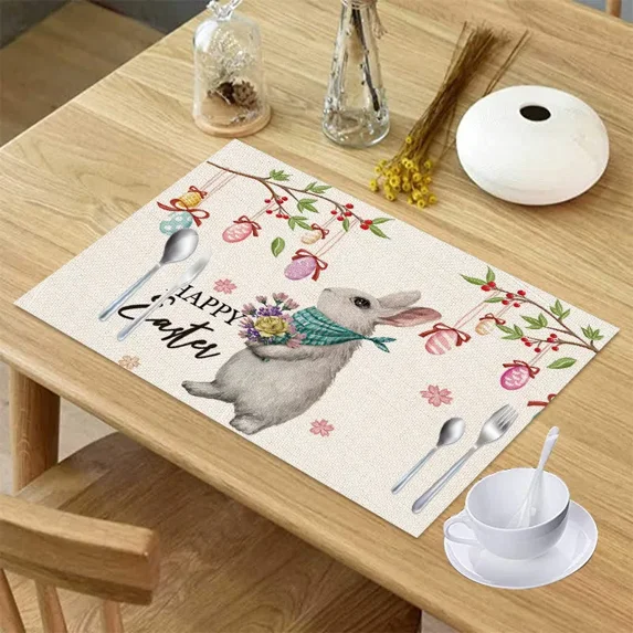2024 Placemat Easter Egg Rabbit Letters Linen Dining Table Mats for Kitchen Western Meal Mats Bowl Coffee Cup Pads Mats Home r