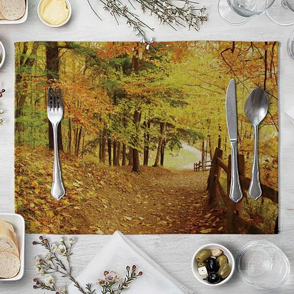 2024 Placemat Yellow Forest in Autumn Pattern Linen Fabric Table Mats Family Dinner Tableware Kitchen Table Mat