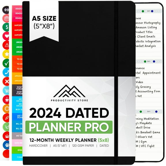2024 Planner Pro 5.8 x 8.3 - Dated Planner 2024 Calendar 12 Month Planner, Weekly & Daily Planner 2024-2025 - A5 - Black - Productivity Store