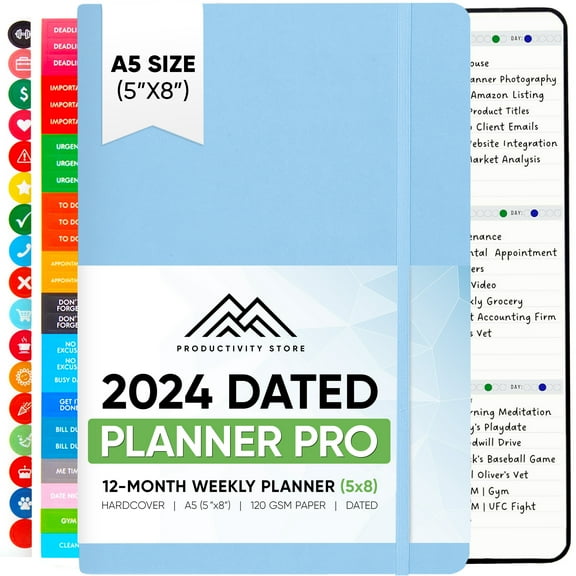 2024 Planner Pro 5.8 x 8.3 - Dated Planner 2024 Calendar 12 Month Planner, Weekly & Daily Planner 2024-2025 - A5 - Light Blue - Productivity Store