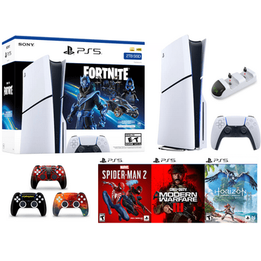 2024 PlayStation PS 5 Gaming Holiday Bundle: PS 5_Disc Console Enhanced 2TB with Fortnite Cobalt Star + Spider-Man 2 + Modern Warfare III + Horizon + Controller + Charging Dock + 3pcs Controller Skin