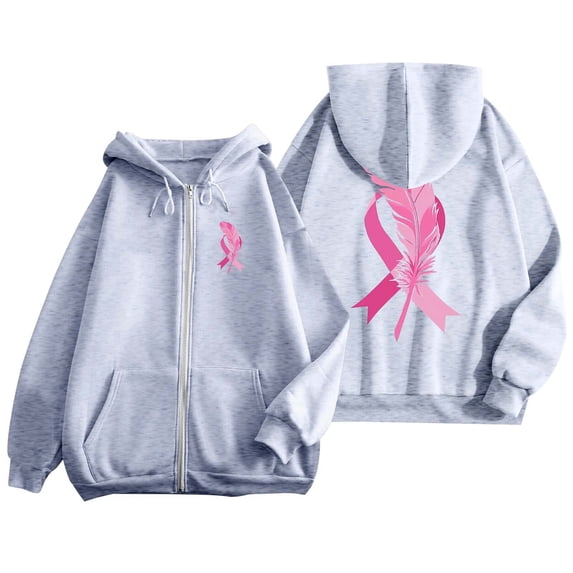 2024 Popular Women's Autumn And Winter Cancer Day Ribbon Feather Print Zipper Long Sleeve Pocket Drawstring Casual Sports Hooded Sweatshirt Sweaters Women Sleep Womens Graphic Long Sleeve Women