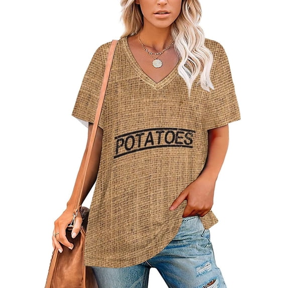 2024 Potatoes Bag Women'S T-Shirt New Fashion Printed Zipper V-Neck Short Sleeve T Shirts Casual Plus Size Rustic Potatoes Fun Funny