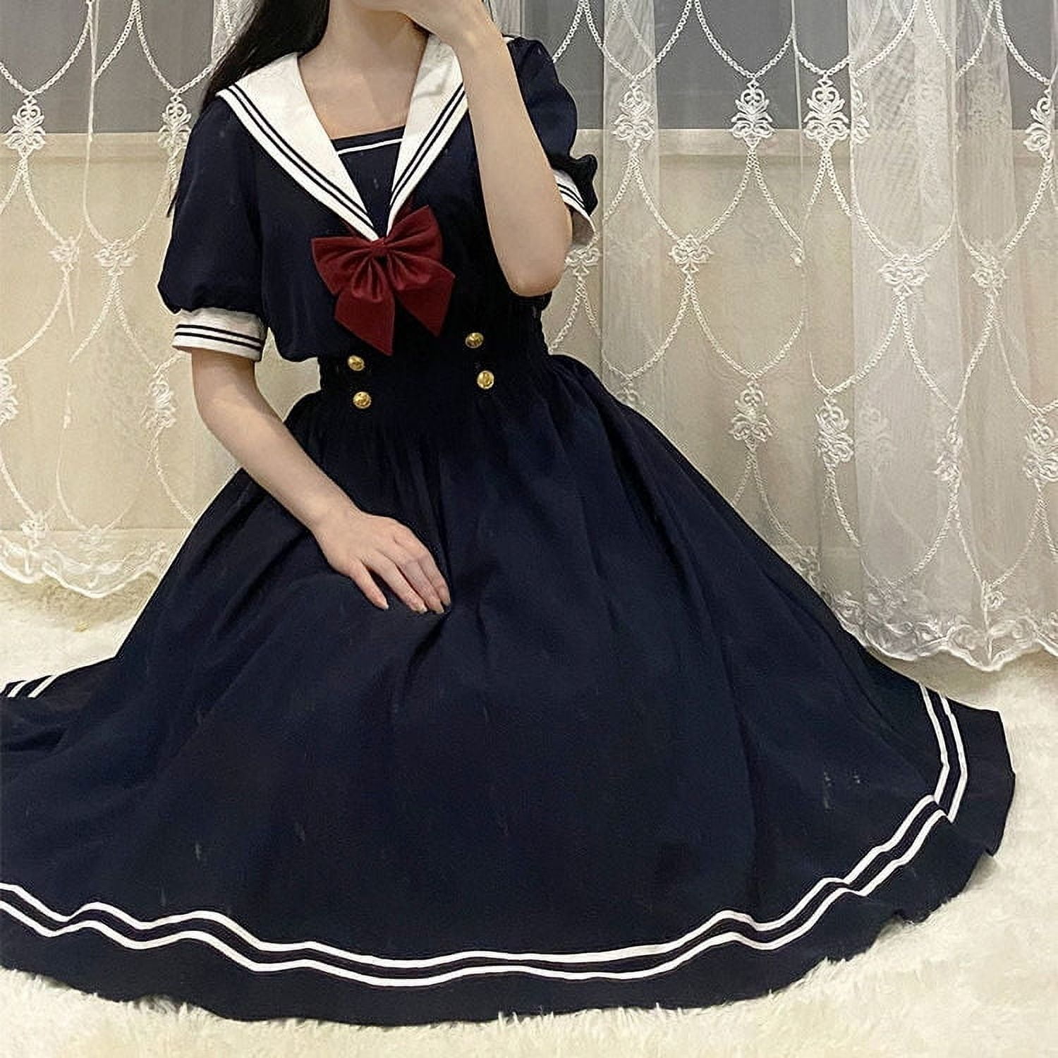 2024 Preppy Sweet Woman Dress Chic Sailor Collar Puff Sleeve