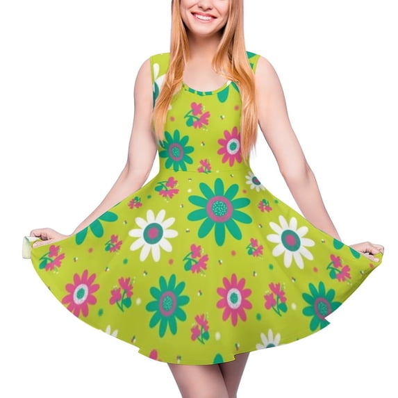 2024 Present Birthday Clothing Ladies Dress Skate Casual Waist High Dresses Trendy Daisy Flower Hippy Dress Print Peace Colorful