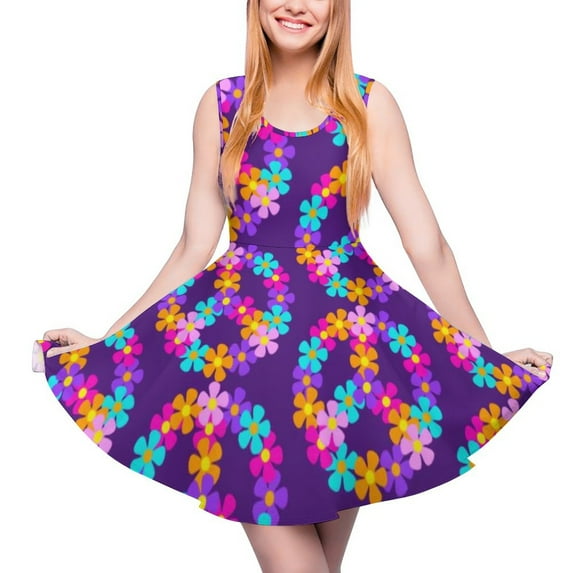 2024 Present Birthday Clothing Ladies Dress Skate Casual Waist High Dresses Trendy Daisy Flower Hippy Dress Print Peace Colorful