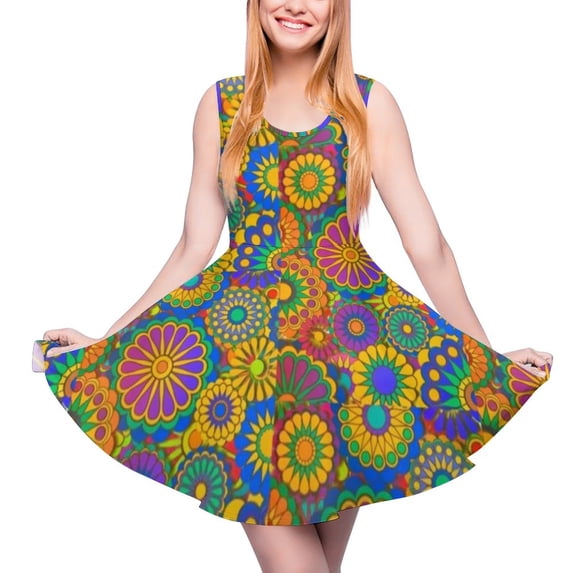 2024 Present Birthday Clothing Ladies Dress Skate Casual Waist High Dresses Trendy Daisy Flower Hippy Dress Print Peace Colorful