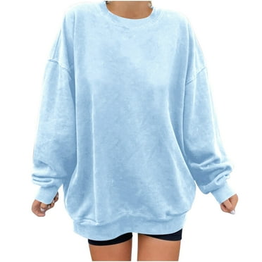 2025 Prime Day Deals YUGYXL Womens Sweatshirt Fall Thin Fleece Crewneck Hoodie Pullover Casual Long Sleeve Solid Color Tunic Tops Soft Comfy Outdoor Streetwear Sweatshirts Light Blue,XXL