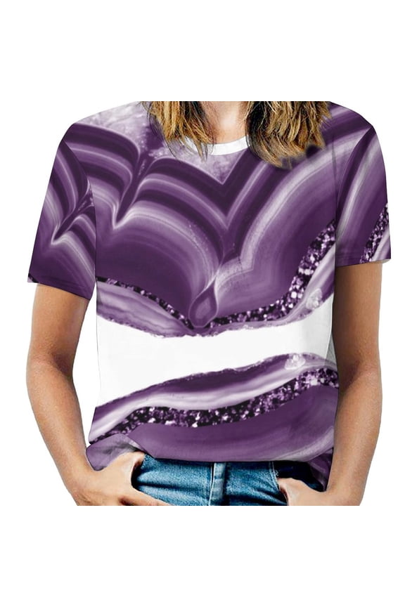 2024 Purple Agate With Purple Glitter Faux Glitter ) Gem r Art Ruffle Short Sleeve T-Shirt Women's V Neck Print T Shirt Tops