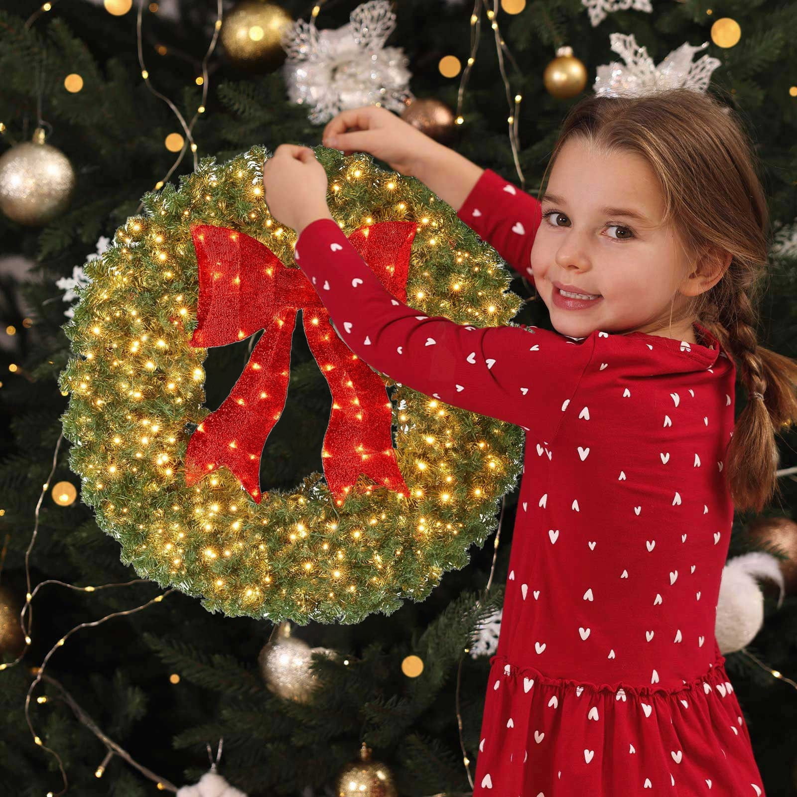 THENEWS 2024 Red Bow Glowing Christmas Wreath Front Door Wreath