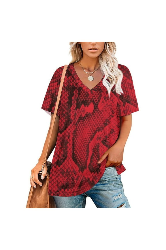 2024 Red Snakeskin Women Zipper Sexy Printed Vintage T Shirts Tops Full Print T-Shirt Snakeskin Snake Snake Red Snake