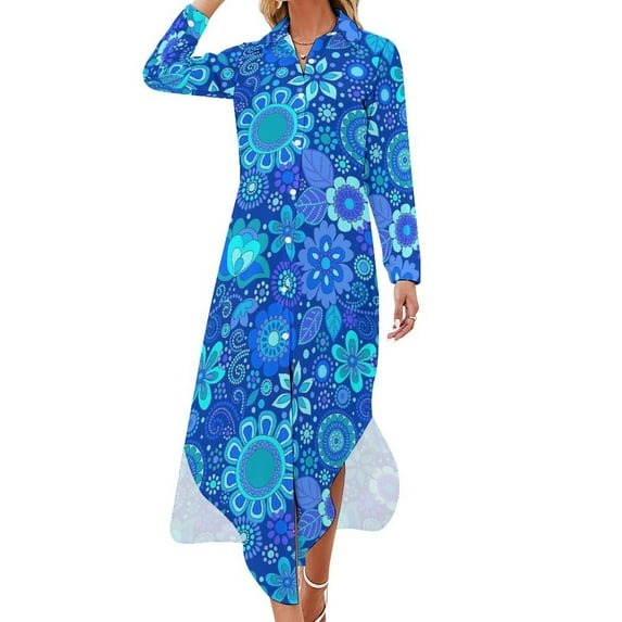 2024 Retro Blue Fower Casual Dress Dainty Daisies Streetwear Dresses Long Sleeve Beach Female V Neck Printed Big Size Chiffon Dress