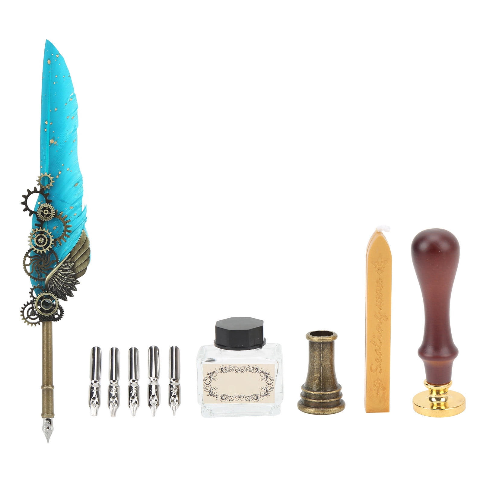 2024 Retro Feather Pen Set Vintage Map Pattern Quill Pen Set with 5