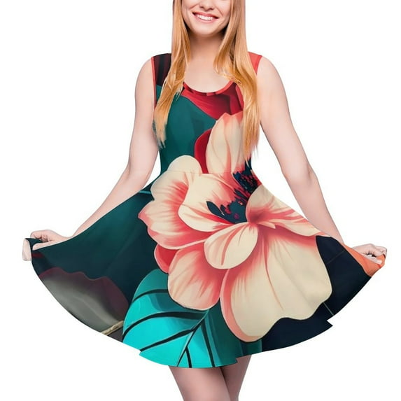 2024 Retro Flower Design Dress Sleeveless Floral Power Casual Dresses Summer Female Oversized Pretty Graphic Skate Dress