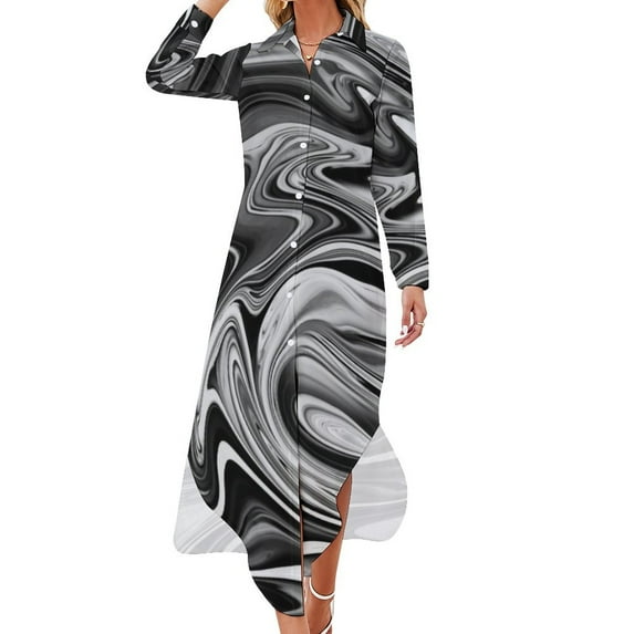2024 Retro Liquid Casual Dress Blue Abstract Print Street Fashion Dresses Long Sleeve Vintage Ladies V Neck Oversized Chiffon Dress