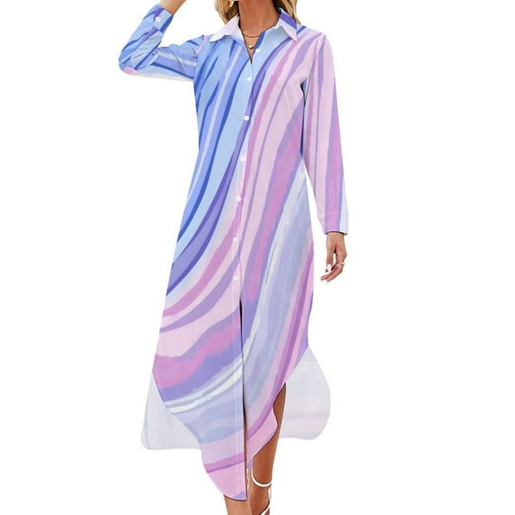 2024 Retro Liquid Casual Dress Blue Abstract Print Street Fashion Dresses Long Sleeve Vintage Ladies V Neck Oversized Chiffon Dress