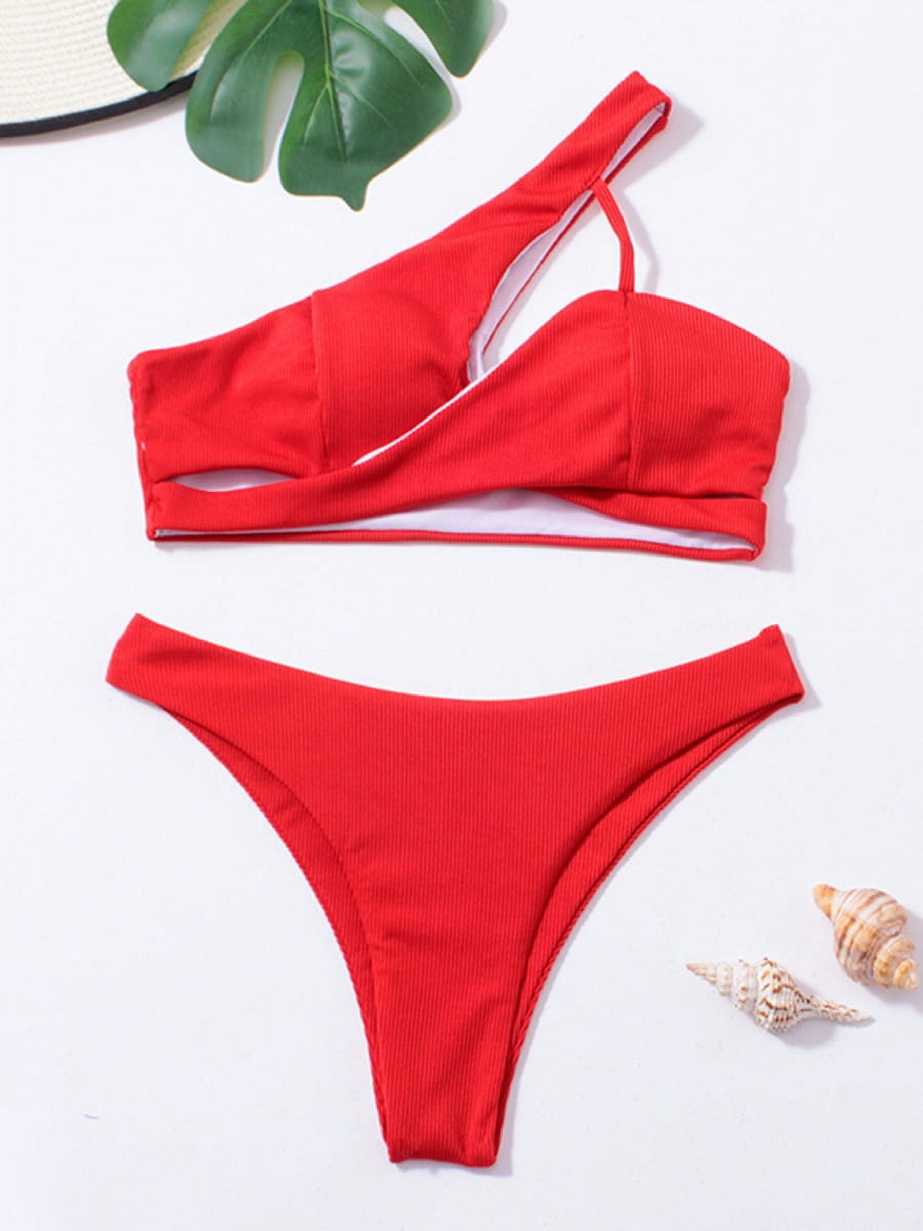 2024 Rib One Shoulder Bikini Set Thong Swimsuit Women Solid Padded ...