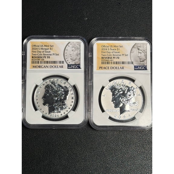 2024 S Modern Peace Dollar Two Coin Set NGC SP-70 First Day of Issue Two-Coin Reverse Pf Set Official US Mint Set