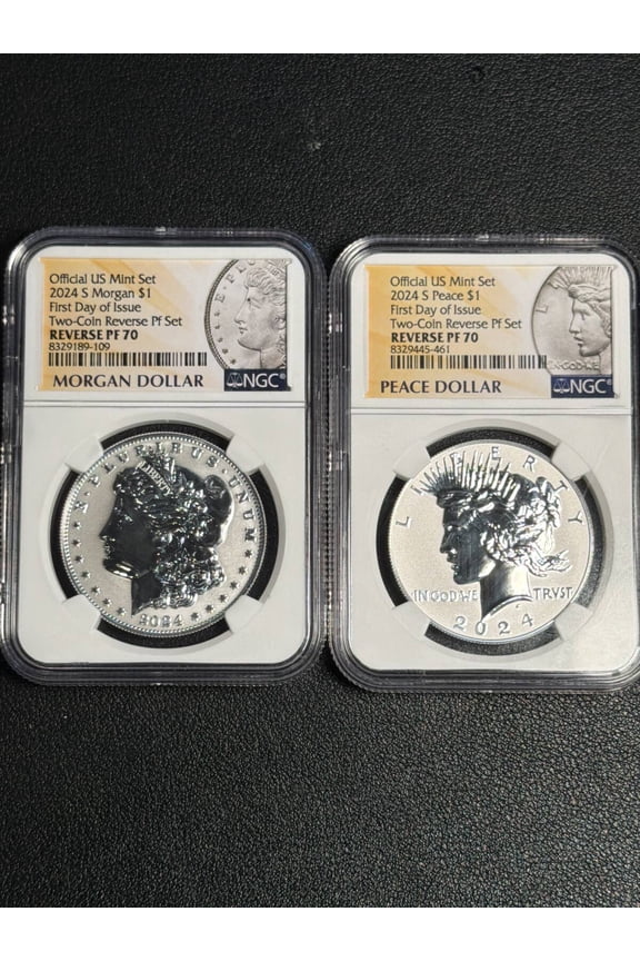 2024 S Modern Peace Dollar Two Coin Set NGC SP-70 First Day of Issue Two-Coin Reverse Pf Set Official US Mint Set