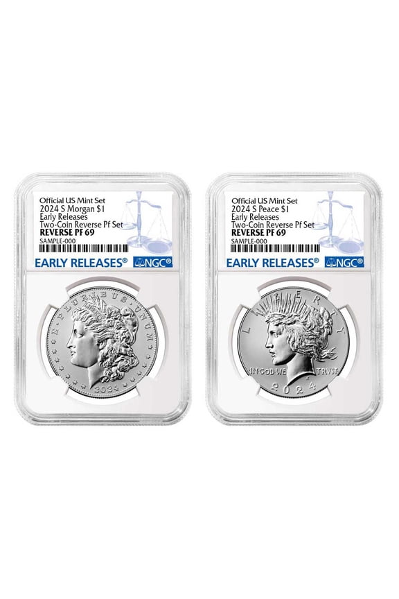2024-S Reverse Proof $1 Morgan and Peace Silver Dollar 2pc Set NGC PF69 ER Blue Label