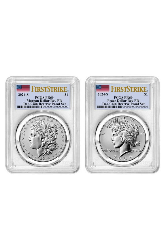2024-S Reverse Proof $1 Morgan and Peace Silver Dollar 2pc Set PCGS PR69 FS Flag Label